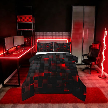 Erosebridal Black and Red Comforter Set Full Neon Geometric Checkered Bedding Set Gamer Room Decor for Boys,Abstract Grids Quilt Comforter for Kids Teen Men Plaid Check Bed Set 3 Pcs