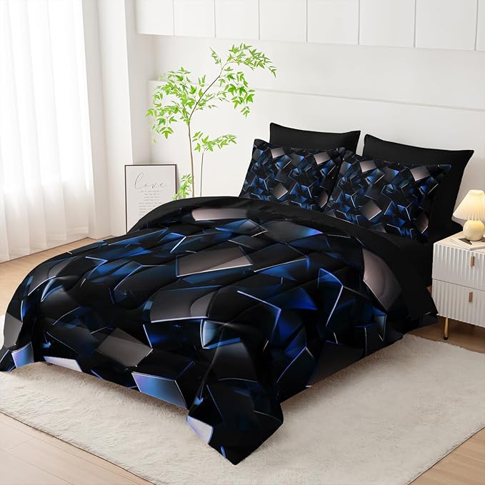 Blue and Black Geometric Comforter Set Full Size 7PCS,Abstract Triangular Printed Bedding Set for Adults,Geometric Mordern Art Decor All Seasons with Pillowcases,Flat, Fitted Sheet