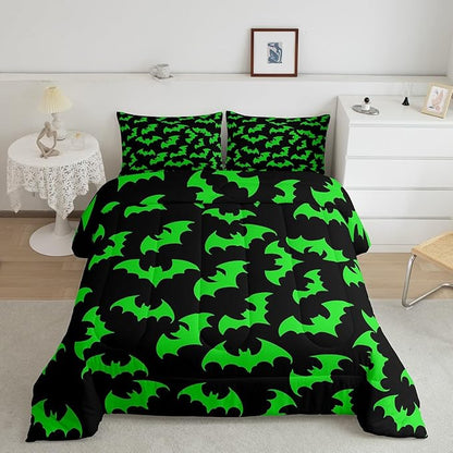 Erosebridal Green Bat Bedding Set Full Size Halloween Bat Comforter Set Spooky Goth Gothic Animal Bed Sets Horror Halloween Duvet Quilt Sets for Kids Teens Adults