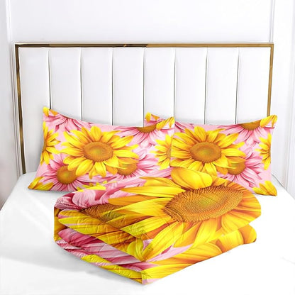 Girls Sunflower Comforter Set Queen Size, Pink Yellow Soft Microfiber Bedding Set, 3 Pcs Cozy Oil Painting Bedroom Decor Quilted for Adult Women, 90"x90"