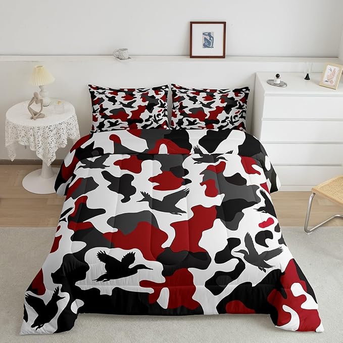 Erosebridal Duck Hunter Comforter Set Twin Size Camo Bedding for Kids Boys Army Camouflage Hunting Bedding Comforter Sets Vintage Red Black Room Decor Wild Animal Duck Rustic Duvet Insert