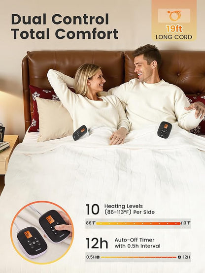WOOMER Heated Blanket King Size 100" x 90", Electric Blanket with Dual Controllers, 0.5-12 Hours Timer & 10 Heating Levels, ETL Certified, White Double-Sided Velvet, Machine Washable