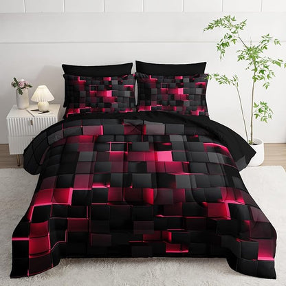 Geometric Pink Black Full Comforter Set,Light Honeycomb Bedding Set 7 Piece in A Bag,Bed Sheet Set Geometry Decor,Microfiber Lightweight All Season