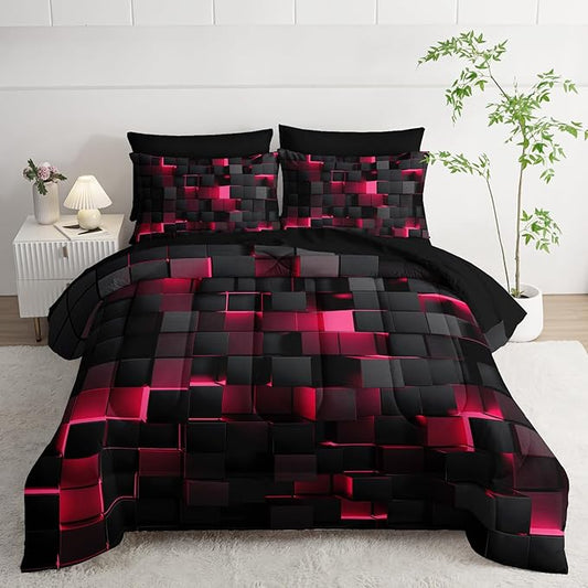 Geometric Pink Black Twin Comforter Set,Light Honeycomb Bedding Set 7 Piece in A Bag,Bed Sheet Set Geometry Decor,Microfiber Lightweight All Season