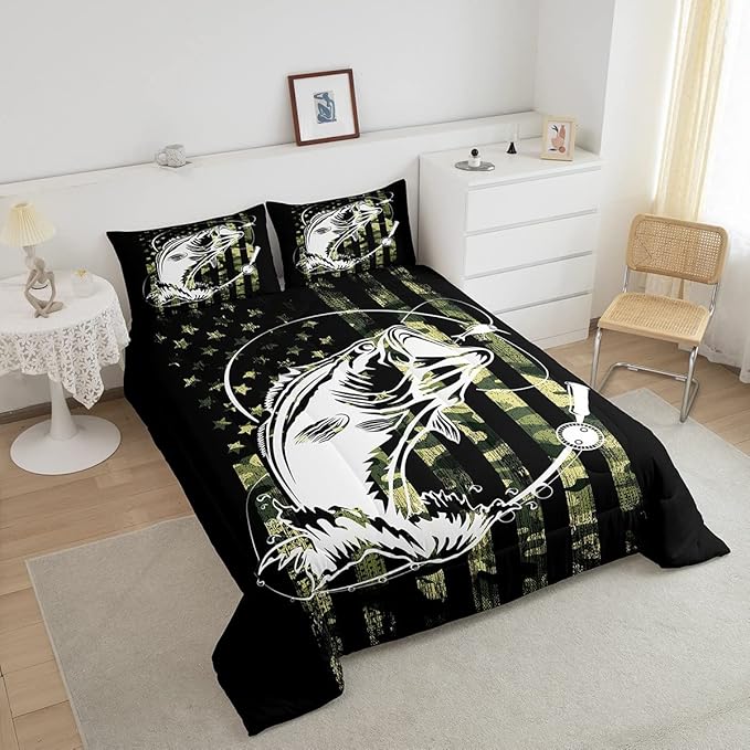 Bass Fishing Comforter Set - Big Pike Fish Camo Bedding for Boys Teens Men - Farmhouse Decor Duvet Insert - Army Camouflage American Flag Quilt - Fisherman Hunting Bedspread Queen