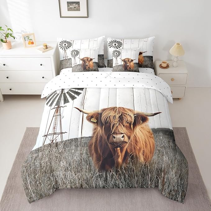 Erosebridal Full Size Farmhouse Highland Cow Comforter Sets with Sheets 7Pcs Rustic Windmill Comforter Set Bed-in-a-Bag(1 Comforter, 1 Flat Sheet 1 Fitted Sheet 2 Pillowcases 2 Throw Pillow Covers)