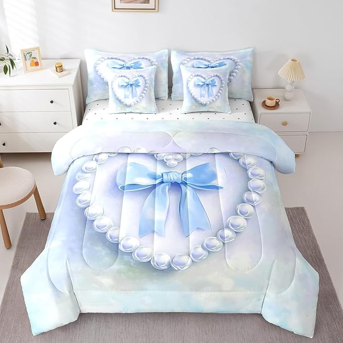 jejeloiu Girls Silk Bow 7 Piece Bedding Set King Size Blue Pearl Comforter Set with Sheets for Kids Women Princess Style Bed in a Bag Blue Ombre Bed Set