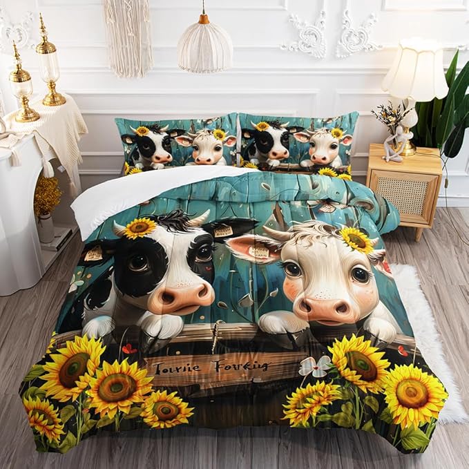 Cute Cow Print Comforter Set Full Size Sunflower Highland Cow Bedding Set Farm Animals Cow on Fence Quilt Bed Set with 1 Comforter and 2 Pillowcases for Kids Boys Girls Room Decor, D-cow2