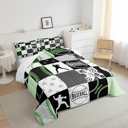 Boys Baseball Bedding Set Queen Kids Softball All Season Comforter Set Ultra Warm Sports Game Soccer Volleyball Quilted Comforter for Youth Geometric Patchwork Down Comforter with 2 Pillowcases