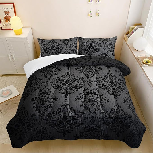 Black Gothic Floral Print Comforter Set Queen Size,Vintage Damask Floral Bedding Set,Bohemian Exotic Printed Quilted Set for Teens Adult,with 1 Comforter and 2 Pillow Case