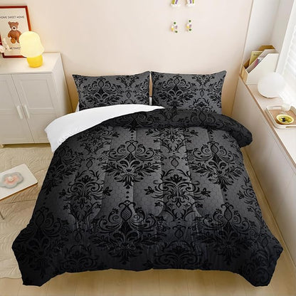 Black Gothic Floral Print Comforter Set Twin Size,Vintage Damask Floral Bedding Set,Bohemian Exotic Printed Quilted Set for Teens Adult,with 1 Comforter and 2 Pillow Case