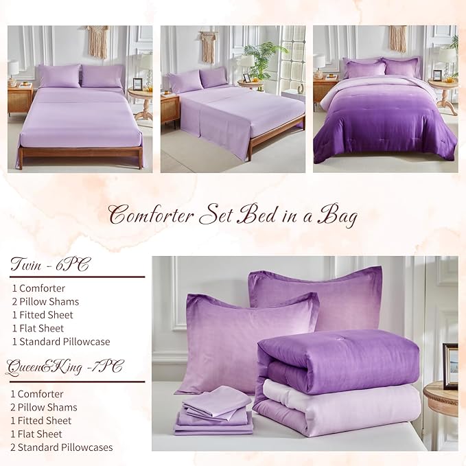 Purple and Lilac Gradient Comforter Set King Size 7 Pieces Elegant Ombre Bed in a Bag - Reversible All Season Bedding Set with Comforter, Flat Sheet, Fitted Sheet, 2 Pillowcases & 2 Pillow Shams
