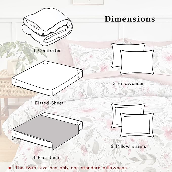 Flysheep Floral Bed in a Bag King Size 7 Pieces, Blush Pink and Grey Elegant Flowers Comforter Bedding Set for All Season (1 Comforter, 1 Flat Sheet, 1 Fitted Sheet, 2 Pillow Shams and 2 Pillowcases)