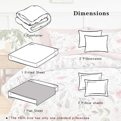 Flysheep Floral Bed in a Bag Queen Size 7 Pieces, Blush Pink and Grey Elegant Flowers Comforter Bedding Set for Women (1 Comforter, 1 Flat Sheet, 1 Fitted Sheet, 2 Pillow Shams and 2 Pillowcases)