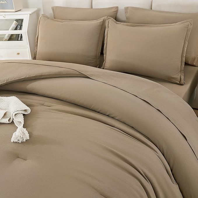 Litanika King Size Comforter Set Taupe - 7 Pieces Bed in a Bag King Bedding Comforter Sets, Solid Lightweight Bed Set with Comforter, Sheets, Pillowcases & Shams