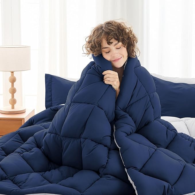 MUXHOMO 7 Pieces Full Comforter Set, Reversible Bed in a Bag Full Size, All Season Bedding Set with Comforter, Flat Sheet, Fitted Sheet, Pillowcases & Shams, Navy & Light Grey