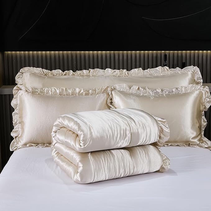 Satin King Comforter Set Silk Like Satin Bedding Set Hotel Soft Polyester Beige Bed Set Luxury Silky Pillow Cover with Quilt Set Ruffle Down Comforter Home Decor