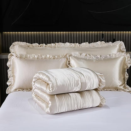 Satin King Comforter Set Silk Like Satin Bedding Set Hotel Soft Polyester Beige Bed Set Luxury Silky Pillow Cover with Quilt Set Ruffle Down Comforter Home Decor