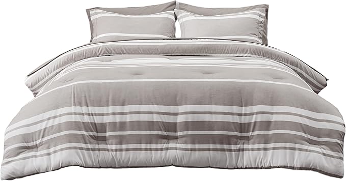 Bedsure Queen Comforter Set 7 Pieces, Taupe Striped Bedding Set for All Seasons, Reversible, Cationic Dyeing Bed in a Bag with Comforter, Sheets, Pillowcases & Shams