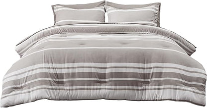 Bedsure Queen Comforter Set 7 Pieces, Taupe Striped Bedding Set for All Seasons, Reversible, Cationic Dyeing Bed in a Bag with Comforter, Sheets, Pillowcases & Shams