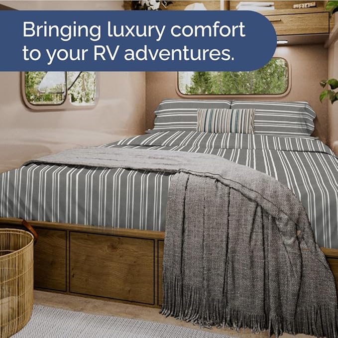 Short Queen RV Size 4 Piece Sheet Set - Comfy Breathable & Cooling Bed Sheets Set - Hotel Luxury Bedding for Women, Men, Kids, Teens, Boys & Girls - Deep Pockets, Ultra-Soft, Oeko-Tex - Grey Stripes
