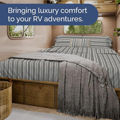 Short Queen RV Size 4 Piece Sheet Set - Comfy Breathable & Cooling Bed Sheets Set - Hotel Luxury Bedding for Women, Men, Kids, Teens, Boys & Girls - Deep Pockets, Ultra-Soft, Oeko-Tex - Grey Stripes