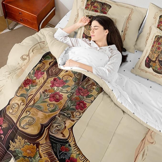 Erosebridal Western Cowboy 7 Piece Comforter Set Full | Retro Cowboy Boots Bed in A Bag Country Bohemian Floral Sheet Set Reversible Abstract Hippy Fitted Sheet Breathable Lightweight
