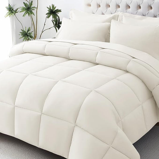 JOLLYVOGUE Twin Comforter Set, Ultra-Soft Bed in a Bag Twin Size 5 Pieces, Oeko-TEX Certified Bedding Set with Down Alternative Comforter, Sheets, Pillowcases & Shams, Ivory