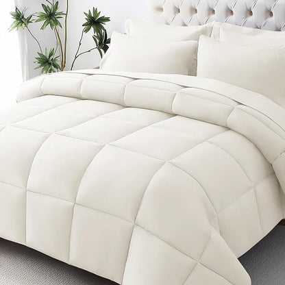 JOLLYVOGUE King Comforter Set, Ultra-Soft Bed in a Bag King Size 7 Pieces, Oeko-TEX Certified Bedding Set with Down Alternative Comforter, Sheets, Pillowcases & Shams, Ivory