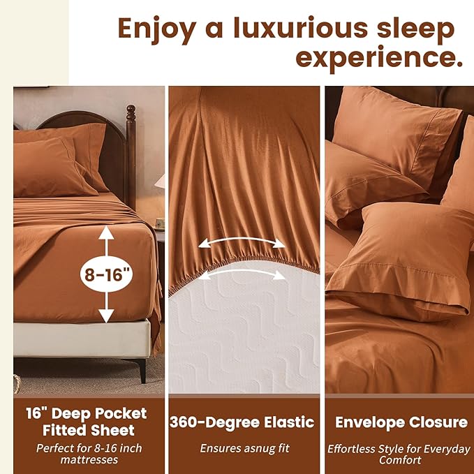 100% Linen Sheets King Size,Breathable & Durable 4-Piece Bed Flax Sheet Set,Soft All-Season Bedding for Hot Sleepers 16" Deep Pocket Oeko-TEX Certified,（King, Brown）