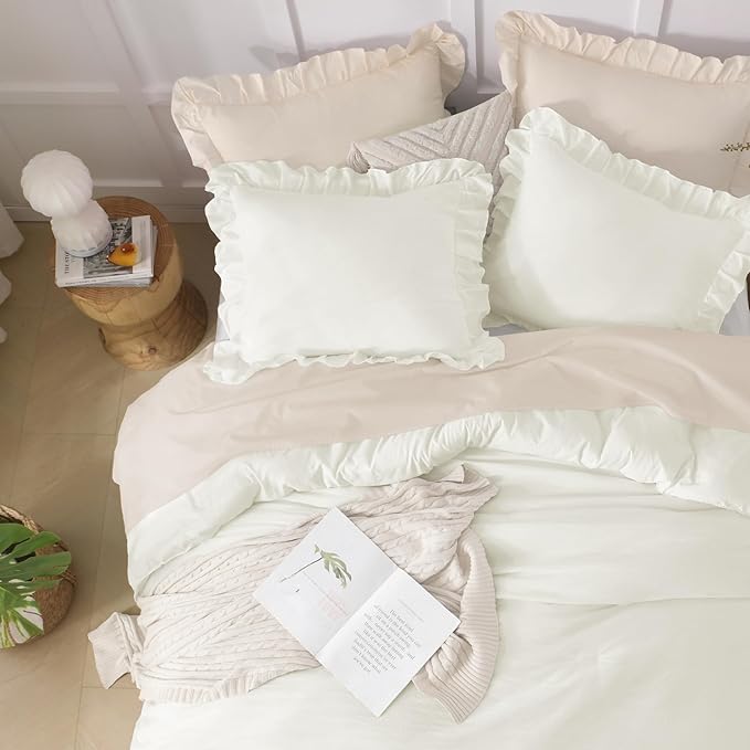Andency Ivory Comforter Full Size, 3 Pieces Solid Farmhouse Shabby Chic Ruffle Bedding Sets, All Season Soft Lightweight Comfy Down Alternative Bed Set for Girls Teens Men Women