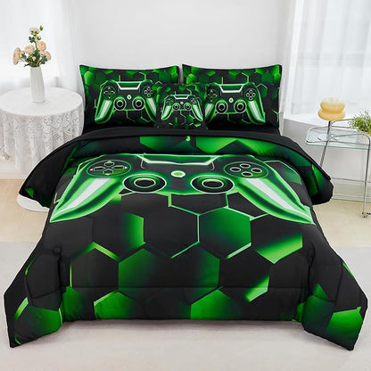 URBONUR Green Gamer Comforter Sets for Boys Teen Girls Video Game Console Printed Bedding Set Bed in a Bag, Comforter, Flat & Fitted Sheet, Pillowcase, Cushion Cover (Black Green, Twin)