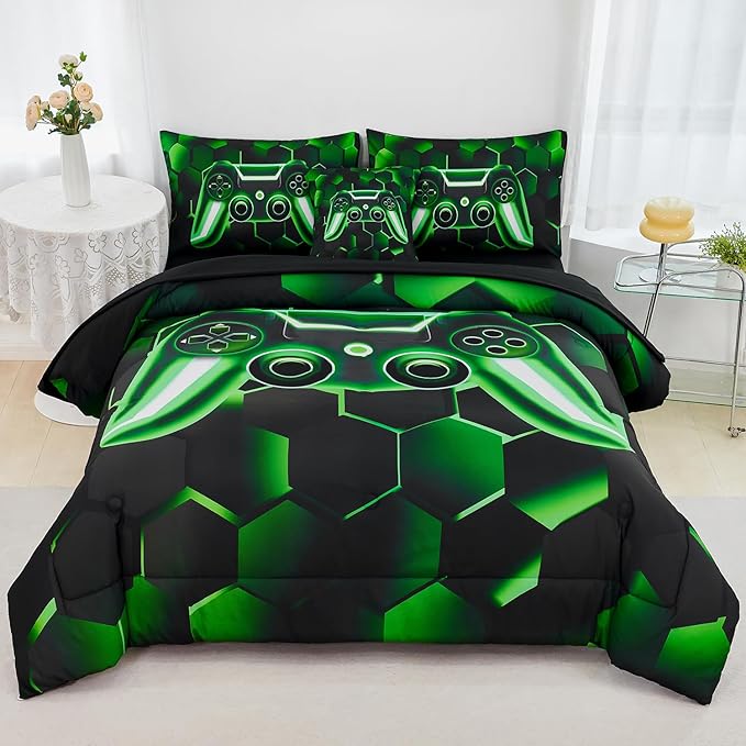 URBONUR Gaming Comforter Set Queen Size 6Pcs Teen Boy Video Game Queen Bed in a Bag Comforter Sets with Sheets, Soft Lightweight Microfiber Bedding Kids Blanket (Black Green, Queen)