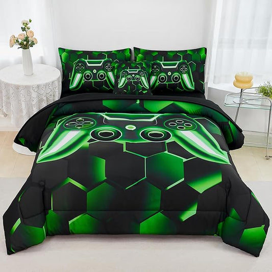 URBONUR Gaming Comforter Set Queen Size 6Pcs Teen Boy Video Game Queen Bed in a Bag Comforter Sets with Sheets, Soft Lightweight Microfiber Bedding Kids Blanket (Black Green, Queen)