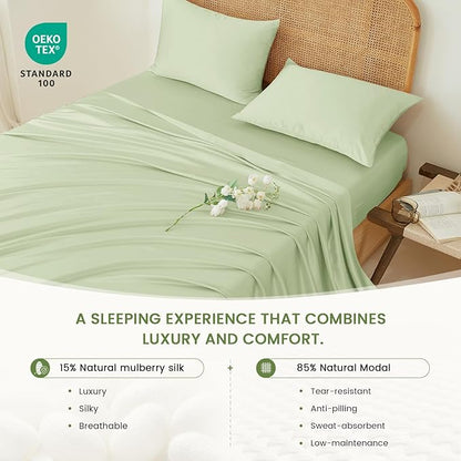 THXSILK Luxury Mulberry Silk Bed Sheets Set - 4pcs Silk Sheets Set 16" Deep Pocket - 1 Fitted Sheet, 1 Flat Sheet, 2 Pillowcases with Zipper Closure - King, Mint Green