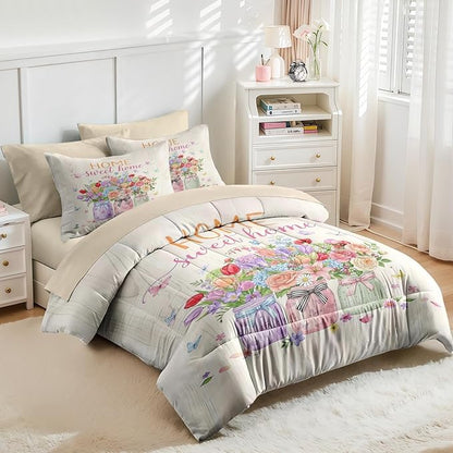 Nesker 5 Pcs Spring Comforter Set Twin Size, Floral Butterflies Bedding Set for Kids and Adults, Pastel Flower Bed Sheet Sets with Fitted Sheet Pillowcase & Sham