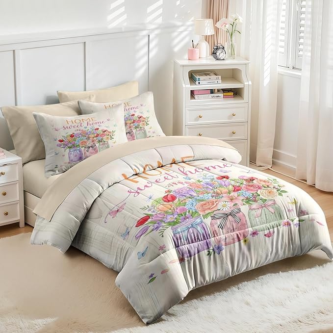 Nesker 7 Pcs Spring Comforter Set Full Size, Floral Butterflies Bedding Set for Kids and Adults, Pastel Flower Bed Sheet Sets with Fitted Sheet 2 Pillowcases & 2 Shams