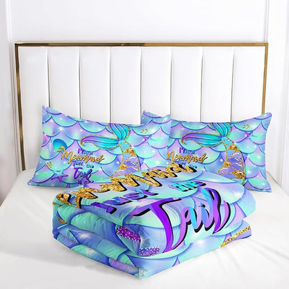 Blue Mermaid Tail Comforter Sets Twin Size，Bedding Sets for Kids,Blue Starfish Comforter Sets All Season 1 Comforter and 2 Pillowcases