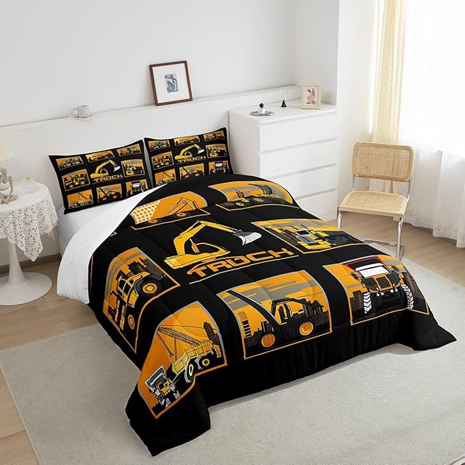 Erosebridal Excavator Comforter Set Queen Tractor Truck Bedding Set Construction Vehicle Down Comforter for Boys Kids Girls Teens Cartoon Heavy Machinery Car Bedding Sets & Collections, Gray Yellow