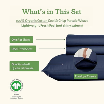 California Design Den Twin Bed Sheet Set - Soft 100% Organic Cotton Sheets with Deep Pockets, Crisp Percale, Breathable and Durable Bedding Set - Navy Blue