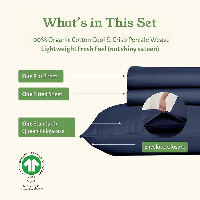 California Design Den Twin XL Sheet Set - Soft 100% Organic Cotton Twin XL Sheet Sets with Deep Pockets, Crisp, Breathable and Durable Bedding Set - Navy Blue