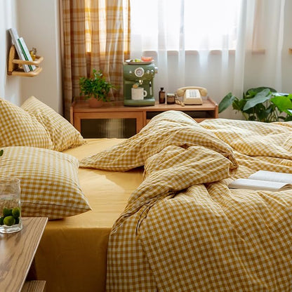 mixinni Yellow Gingham Comforter Set King, Plaid Comforter Set 3 Pieces 1 Yellow Grid Comfoter with 2 Pillow Cases for All Seasons, Soft Fluffy Modern Grid Pattern Printed Bedding-King Size