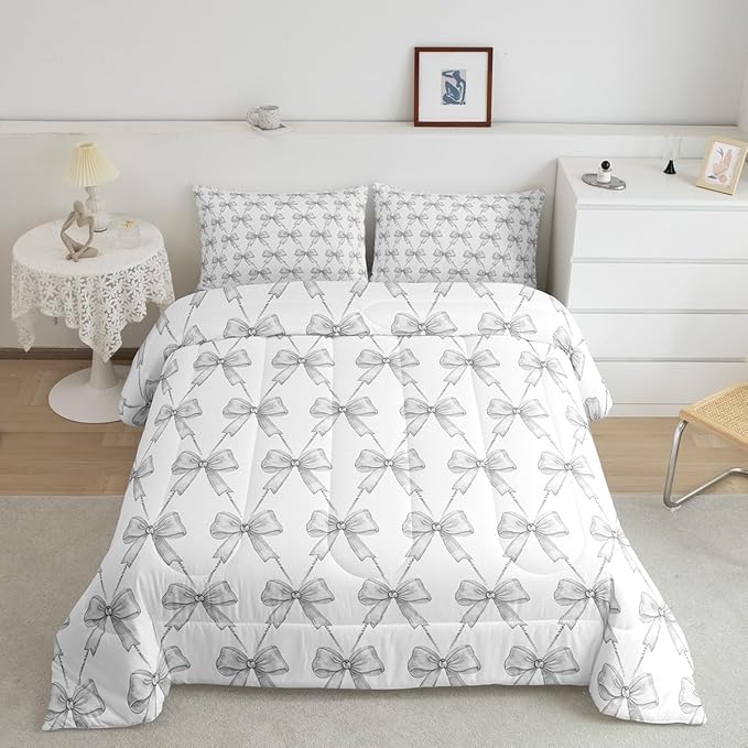 Feelyou Gray Bow Comforter Set Toddler Size Cute Bowknot Bedding Set Boys Girls Kawaii Comforter for Kids Women Men Bow and Stripes Duvet Set 2Pcs