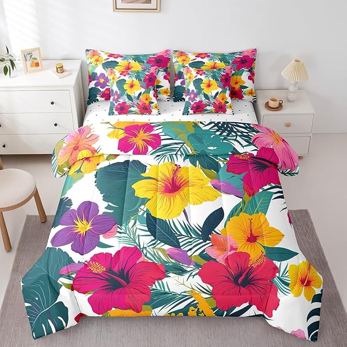 Feelyou Palm Leaf Comforter Set Queen Size 7 Pieces Flower Bedding Set for All Season Floral Blossom Botanical Nature Theme Bed in a Bag with Comforter, Sheets, Pillowcases & Cushion Cover