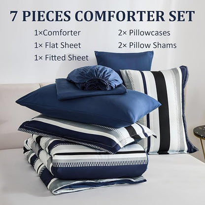 WONGS BEDDING Comforter Full Size, Navy Blue Bedding Comforter Set for Full Bed, Striped Bed in a Bag Full Size Comforter Sets for All Season 90"×78"