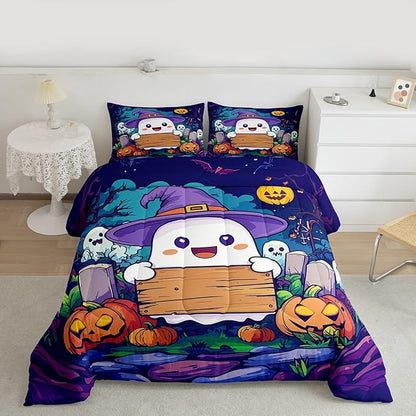 Erosebridal Kids Halloween Full Bedding Set, Cute Ghost Comforter Set Spooky Halloween Decor Comforter for Boys Girls Teens Youth Adults Bedroom, Pumpkin Lantern Cartoon Graveyard Gothic Quilt