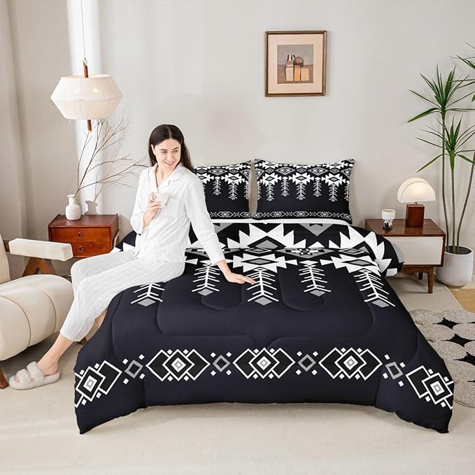 Erosebridal Western Aztec Bedding Set Queen Size for Boys, Boho Southwestern Comforter Set for Teens Adult Women American Native Down Comforter Vintage Ethnic Rustic Geometric Quilt, Black White