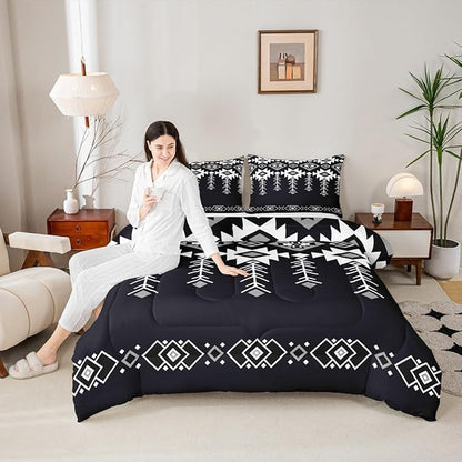 Erosebridal Western Aztec Bedding Set King Size for Boys, Boho Southwestern Comforter Set for Teens Adult Women American Native Down Comforter Vintage Ethnic Rustic Geometric Quilt, Black White