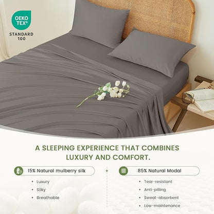 THXSILK Luxury Mulberry Silk Bed Sheets Set - 4pcs Silk Sheets Set 16" Deep Pocket - 1 Fitted Sheet, 1 Flat Sheet, 2 Pillowcases with Zipper Closure - Full, Charcoal