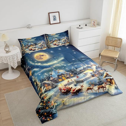 Christmas Santa Claus Comforter Set Full Size,Xmas Tree Elk Sledge Bedding Set 3Pcs,Winter Rustic Country Quilt Set Kids Girls Boys Room Decor,Night Snow Scenery Duvet Insert,2 Pillowcases